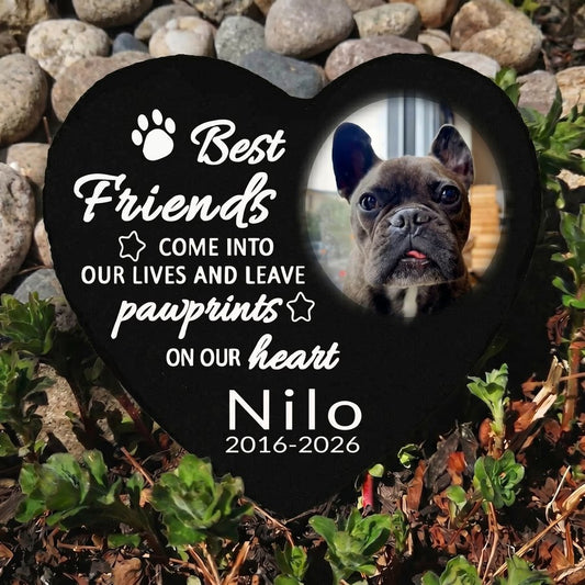 Personalized Dog Memorial Stone, Custom Heart Grave Marker with Photo and Paw Print Tribute