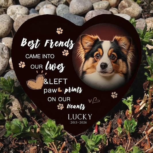 Personalized Dog Memorial Stone, Custom Heart Grave Marker with Photo and Paw Print Design