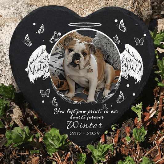 Personalized Memorial Stone for Pets, Custom Heart Grave Marker with Photo and Angel Wings