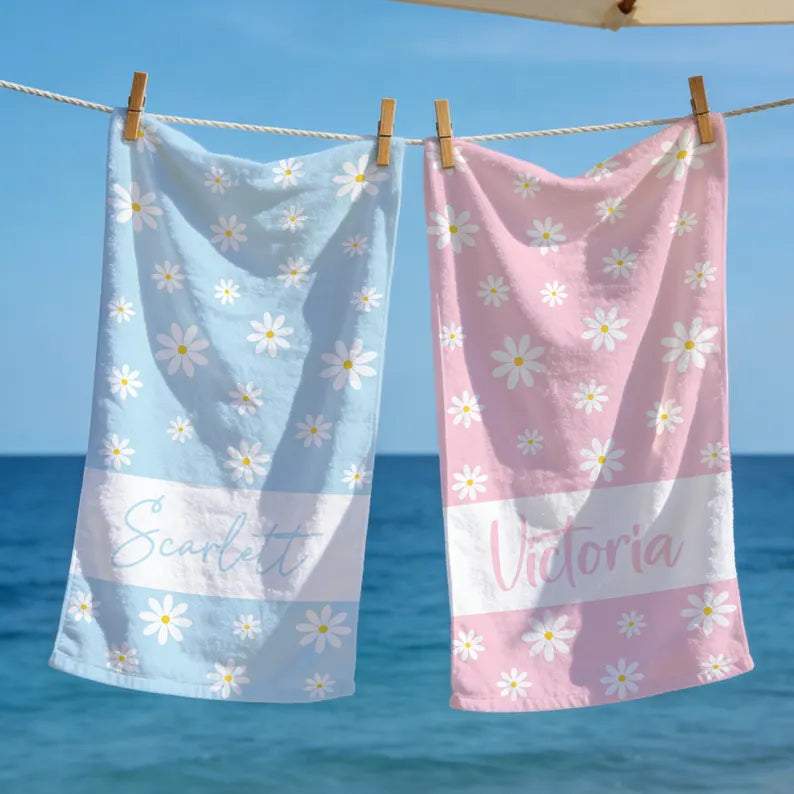 Personalized Daisy Beach Towel, Custom Name Summer Pool Towel, Pastel Floral Sand-Free Bath Towel