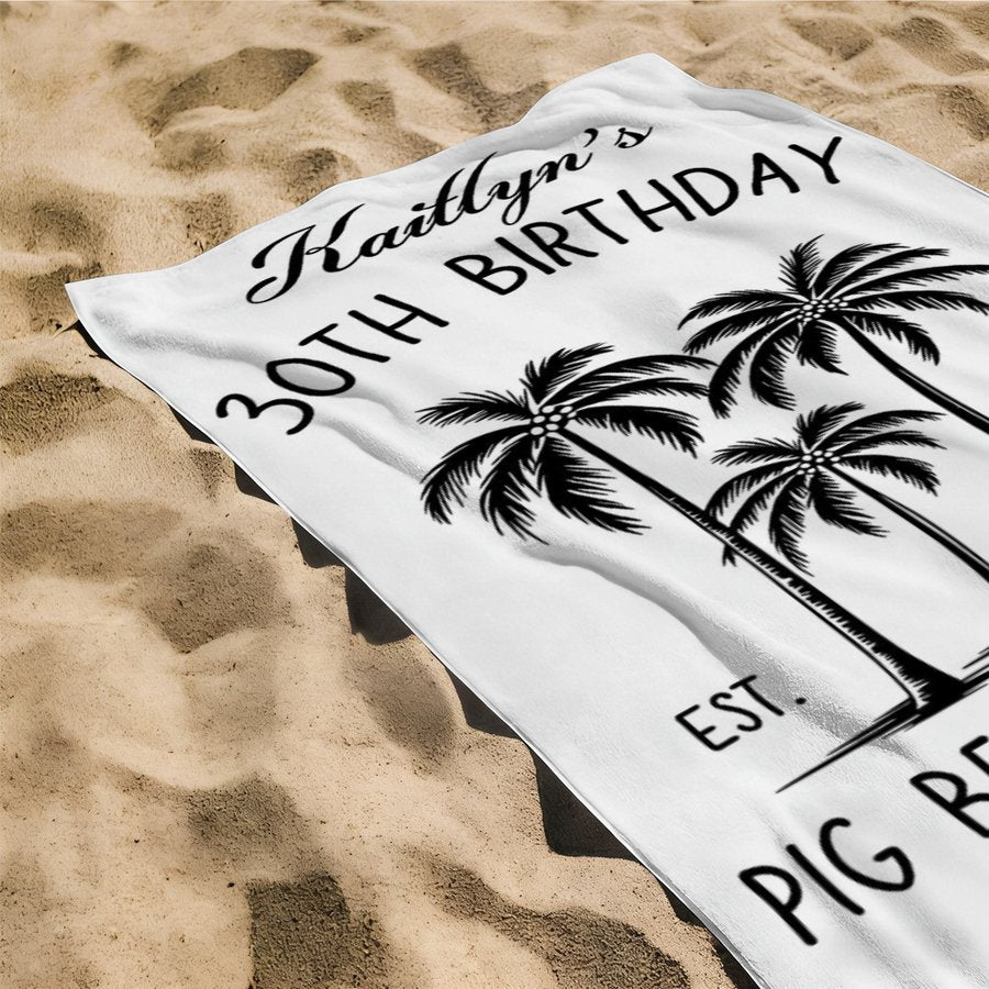 Custom Birthday Beach Towel Personalized Name & Age Beach Vacation Towel - Tropical Palm Tree Custom Year Gift