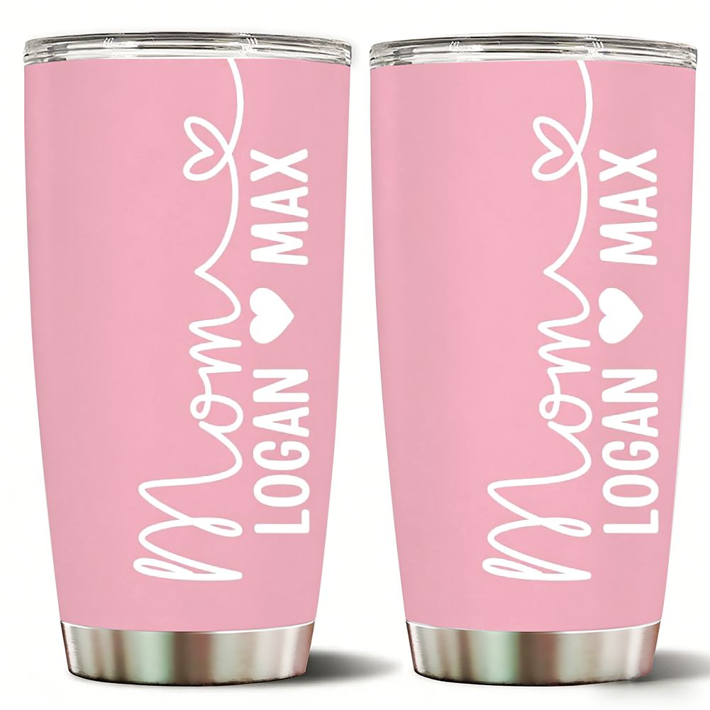 Personalized Mom Tumbler with Kids Names, Custom Pink Mother's Day Gift - 20oz