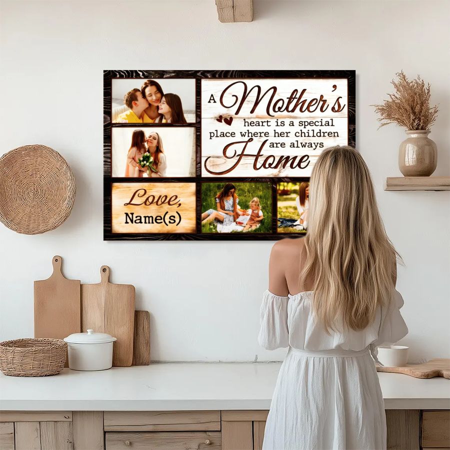 Personalized Mother's Heart Home Canvas Sign with Photos and Custom Name