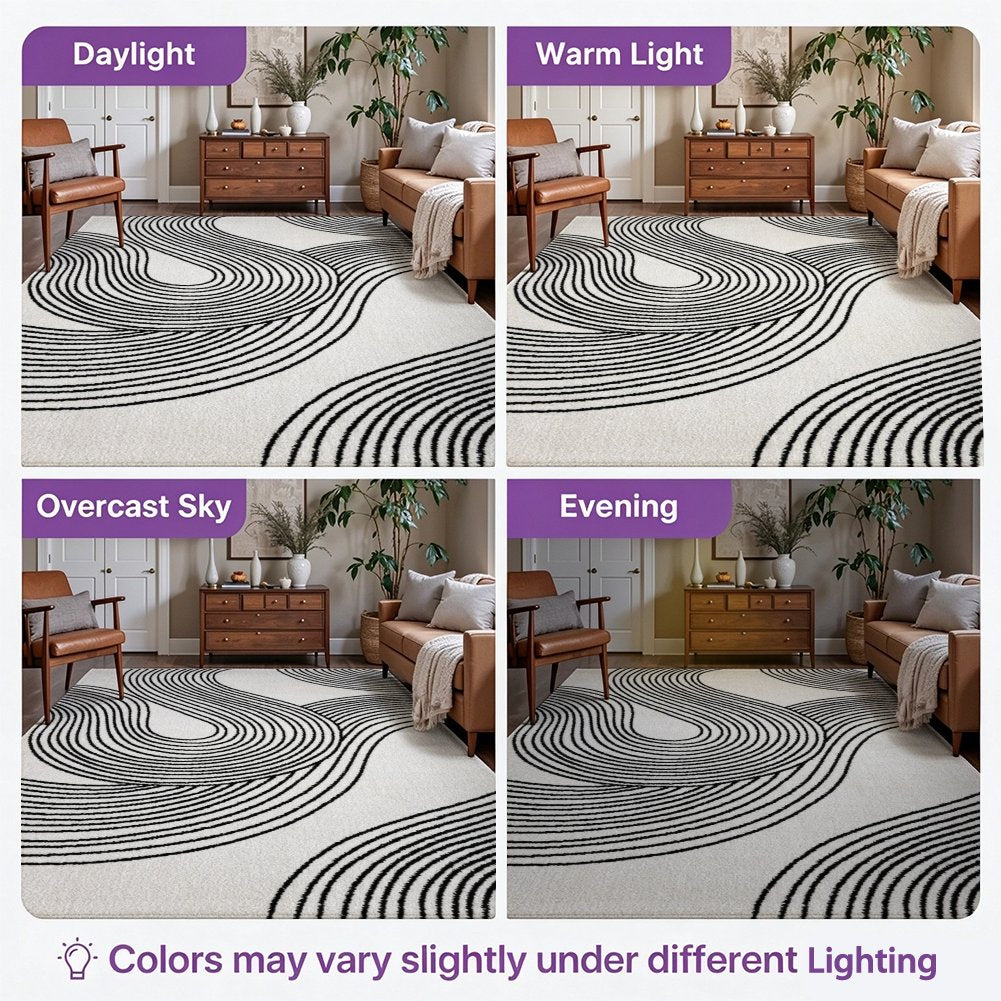 Black Line Waves Washable Area Rug, White Modern Abstract Non Slip Rug for Living Room