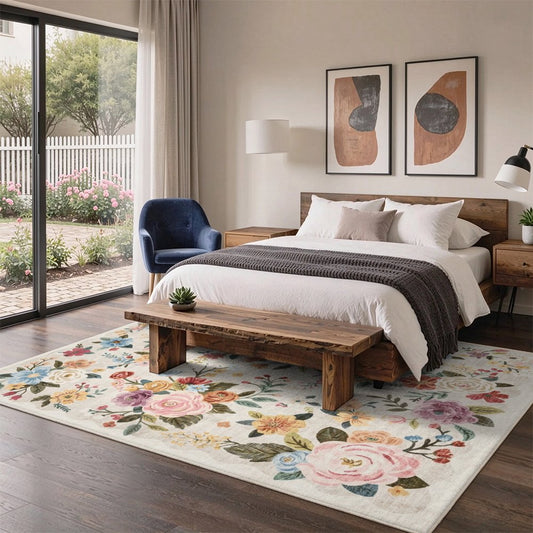 Colorful Floral Washable Area Rug, Multicolor Botanical Garden Non Slip Rug for Living Room