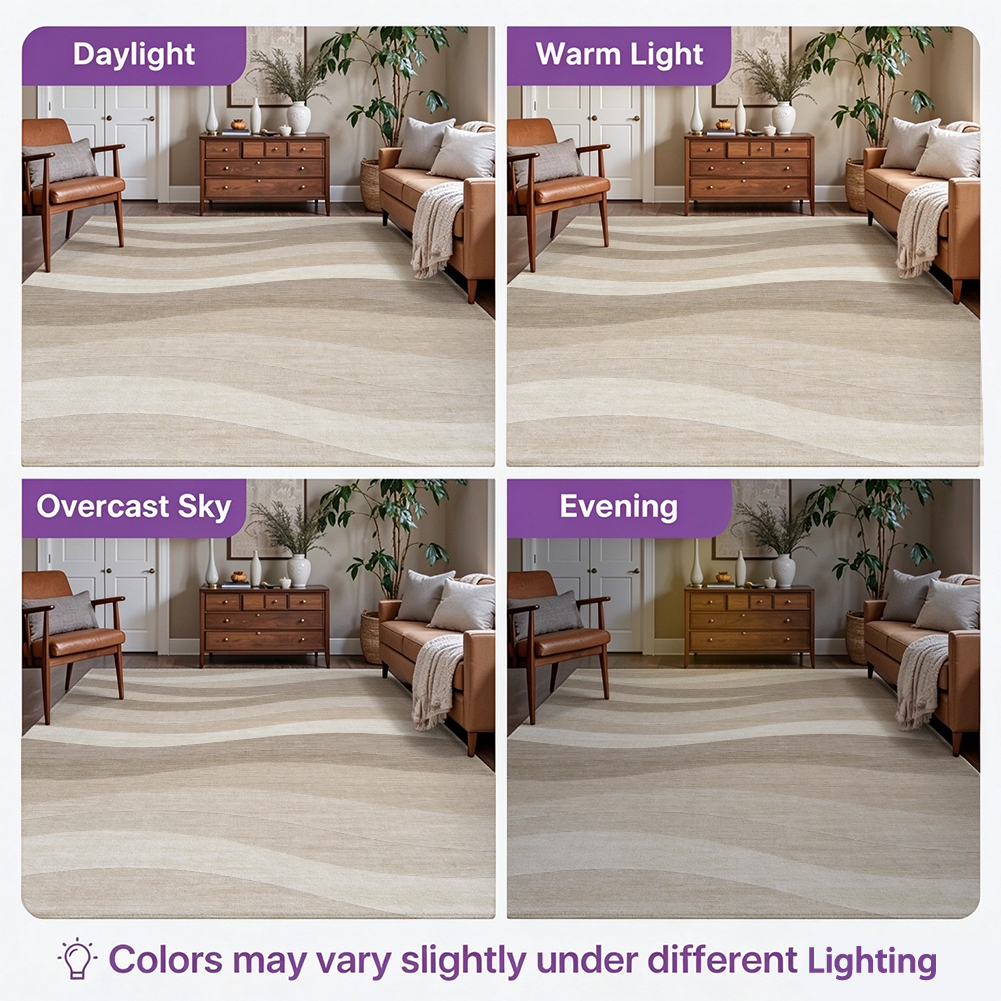 Oatmeal Beige Wave Washable Area Rug, Minimalist Scandinavian Non Slip Rug for Entryway