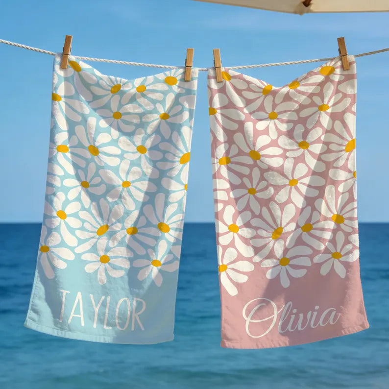 Personalized Daisy Beach Towel with Name, Blue and Mint Custom Floral Towel for Beach, Pool, and Travel