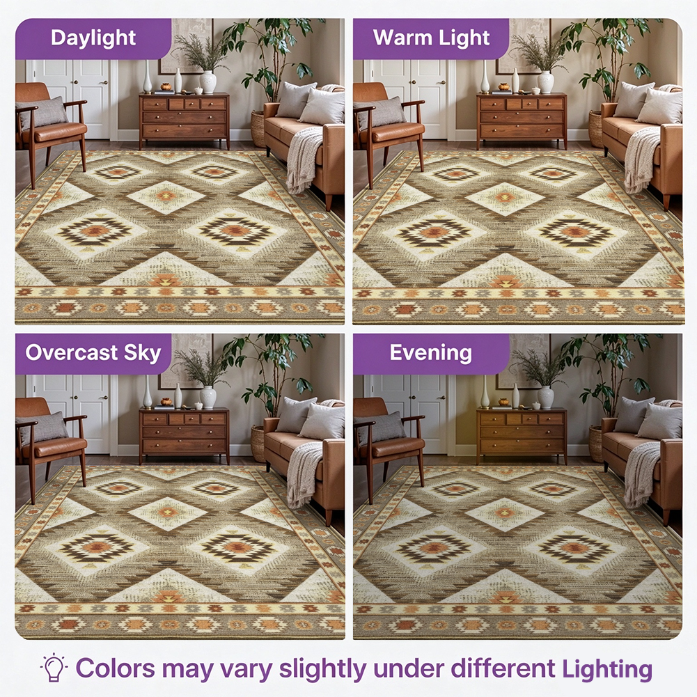 Kilim Diamond Washable Area Rug, Brown Beige Southwestern Tribal Non Slip Rug for Living Room