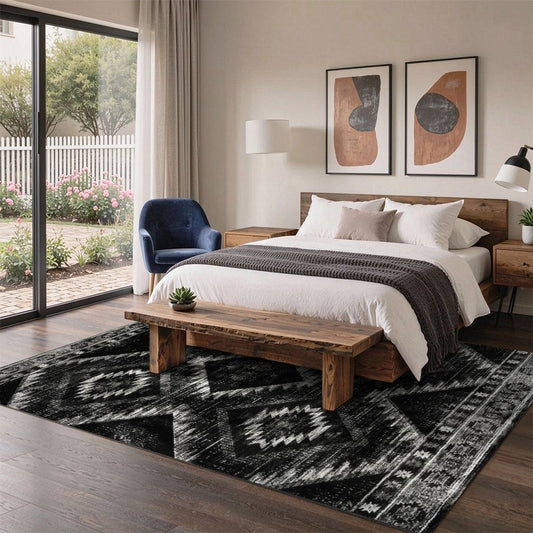 Kilim Diamond Black Washable Area Rug, Black White Southwestern Tribal Non Slip Rug for Living Room