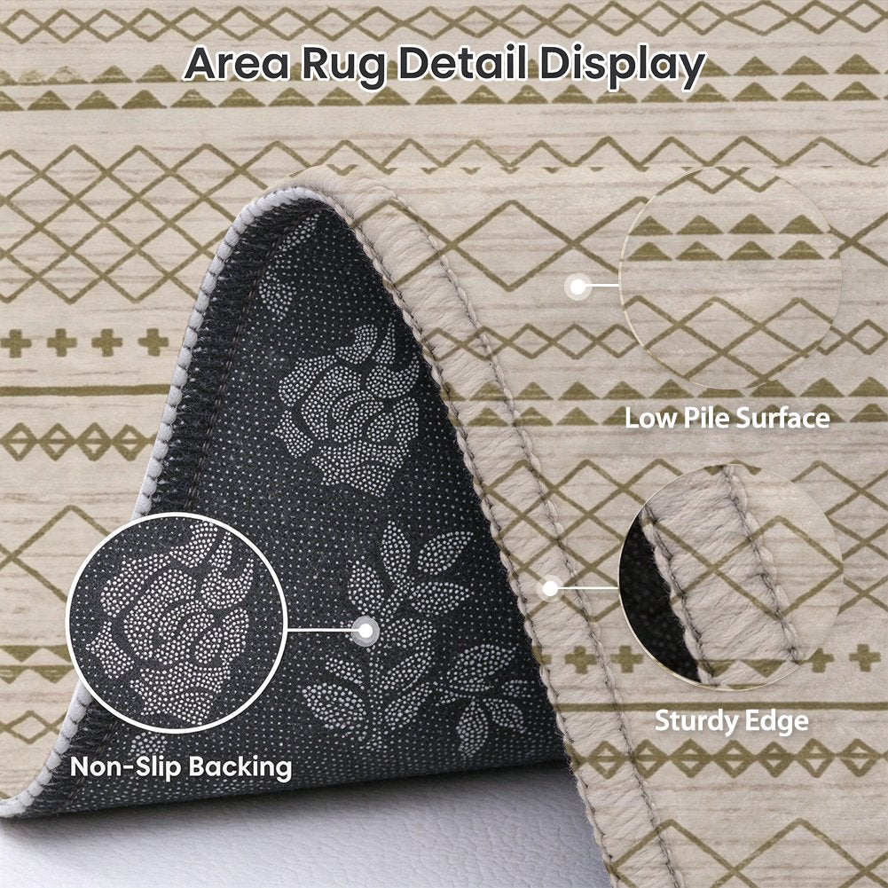 Olive Tribal Stripes Washable Area Rug, Sage Green Cream Southwestern Non Slip Rug for Living Room