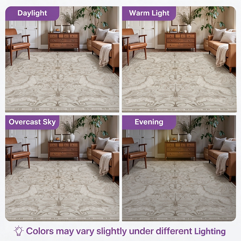 Woodland Animals Washable Area Rug, Beige Deer Rabbit Owl Botanical Non Slip Rug for Living Room