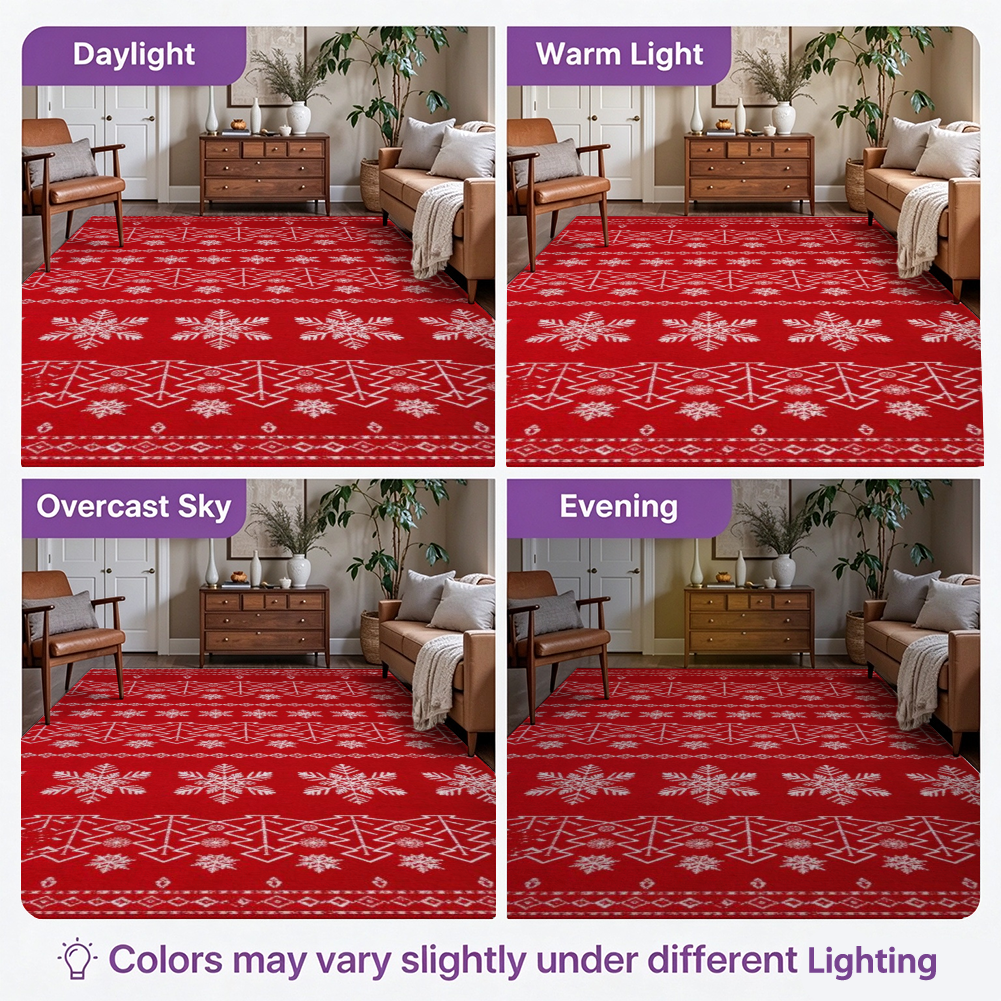 Red Christmas Tree Washable Area Rug, Red White Snowflake Non Slip Holiday Rug for Living Room