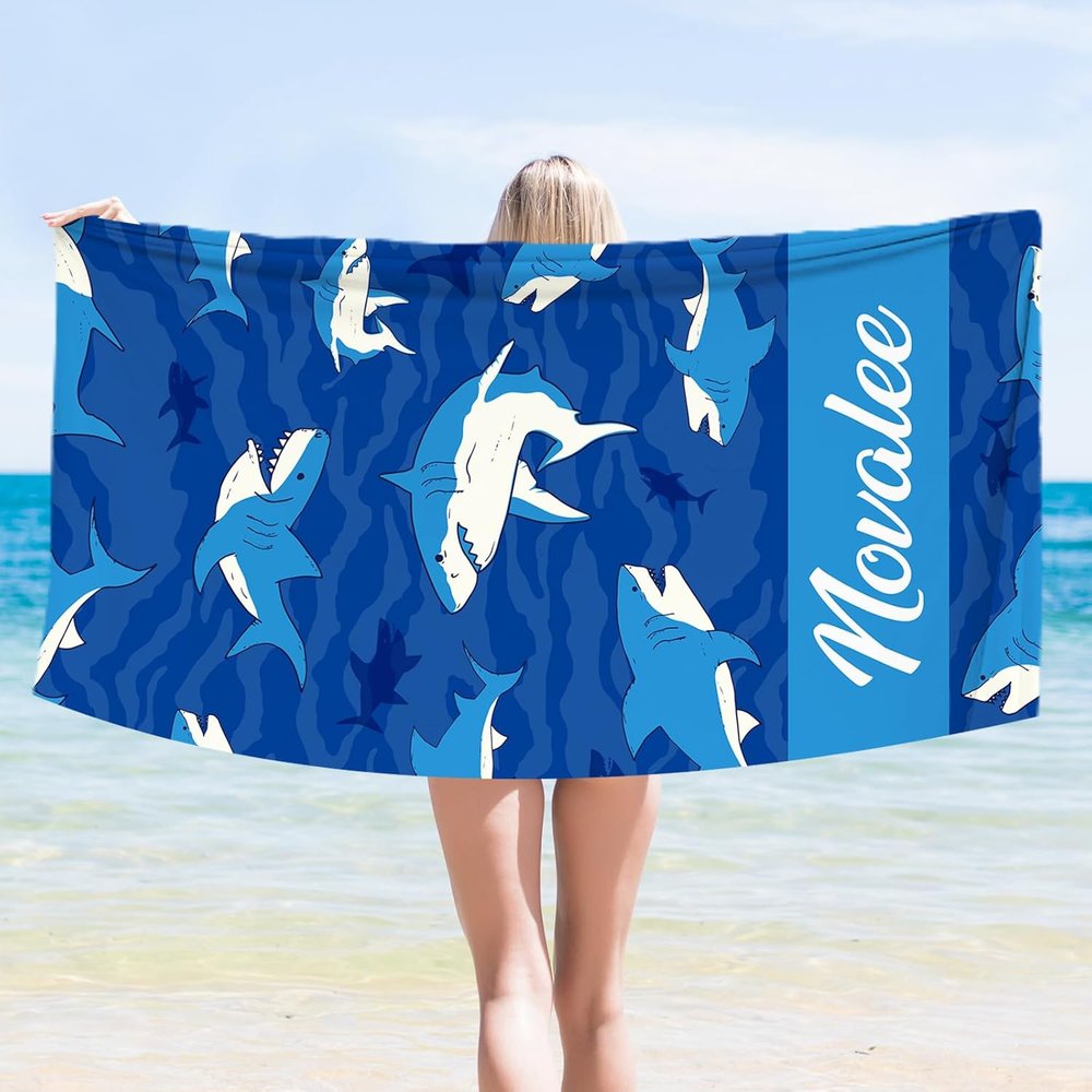 Personalized Shark Beach Towel with Name, Blue Ocean Custom Towel for Kids, Pool, Beach, and Travel