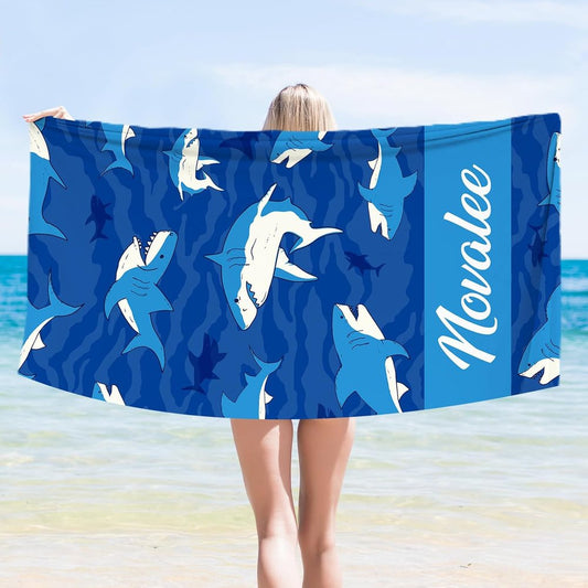 Personalized Shark Beach Towel with Name, Blue Ocean Custom Towel for Kids, Pool, Beach, and Travel