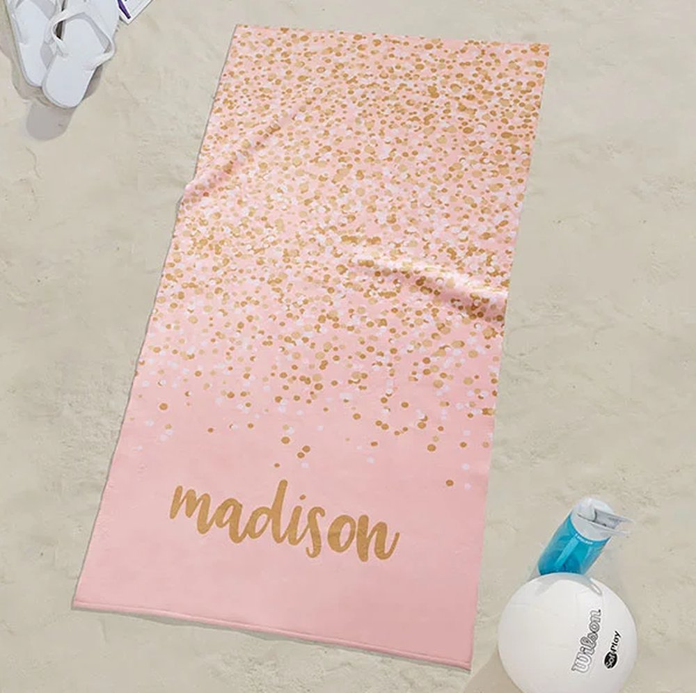 Personalized Pink Beach Towel with Gold Confetti, Custom Name Monogram, Cute Custom Sand-Free Quick Dry Towel for Beach, Pool, Travel
