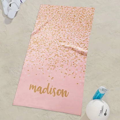 Personalized Pink Beach Towel with Gold Confetti, Custom Name Monogram, Cute Custom Sand-Free Quick Dry Towel for Beach, Pool, Travel