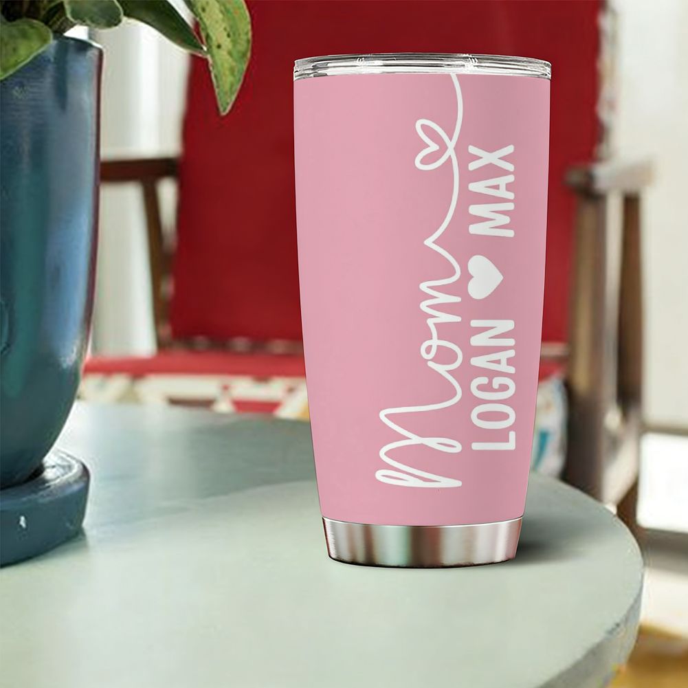 Personalized Mom Tumbler with Kids Names, Custom Pink Mother's Day Gift - 20oz
