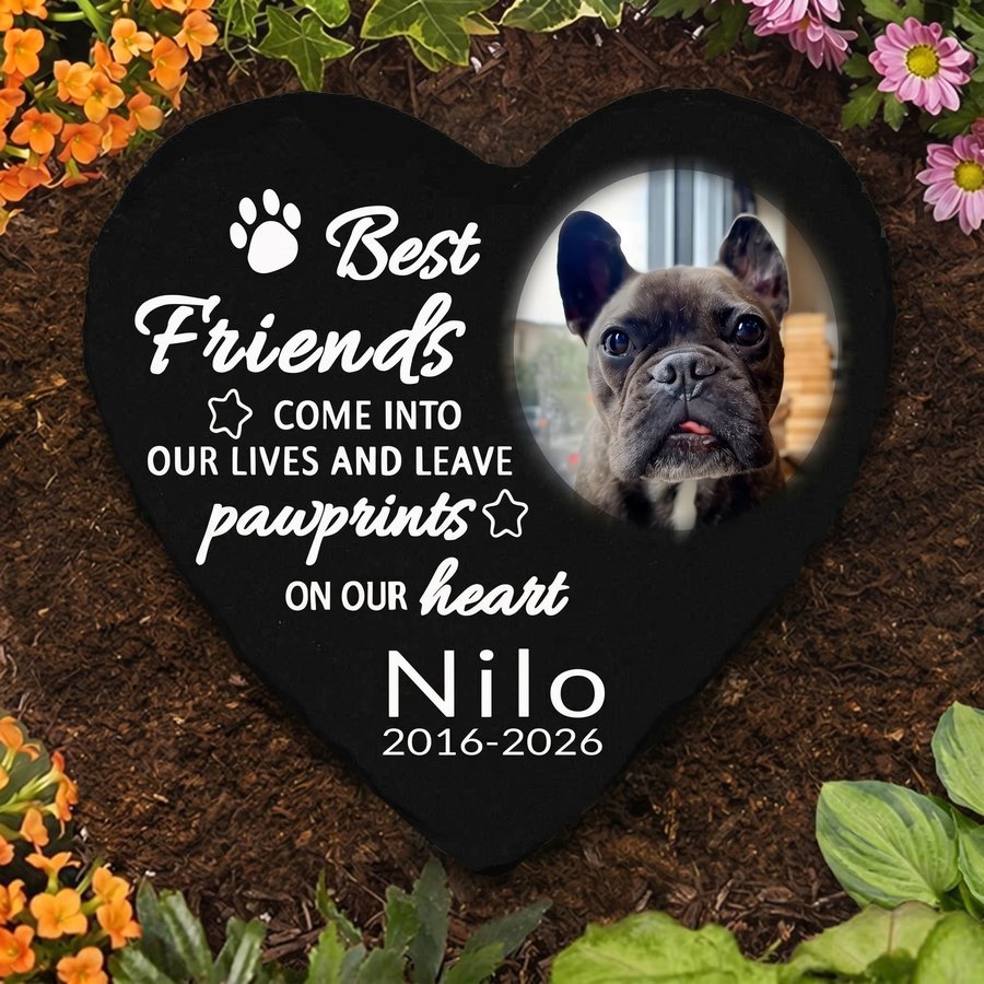 Personalized Dog Memorial Stone, Custom Heart Grave Marker with Photo and Paw Print Tribute