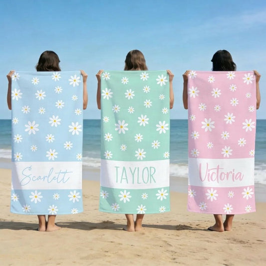 Personalized Daisy Beach Towel, Custom Name Summer Pool Towel, Pastel Floral Sand-Free Bath Towel