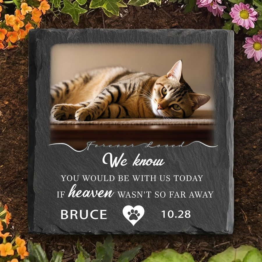 Custom Cat Memorial Stone, Personalized Pet Grave Marker with Photo and Name, Outdoor Slate Pet Headstone for Garden Memorial