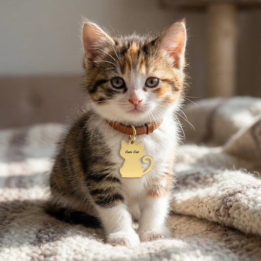 Personalized Gold Cat Pet ID Tag, Custom Cat Name Tag with Keyring