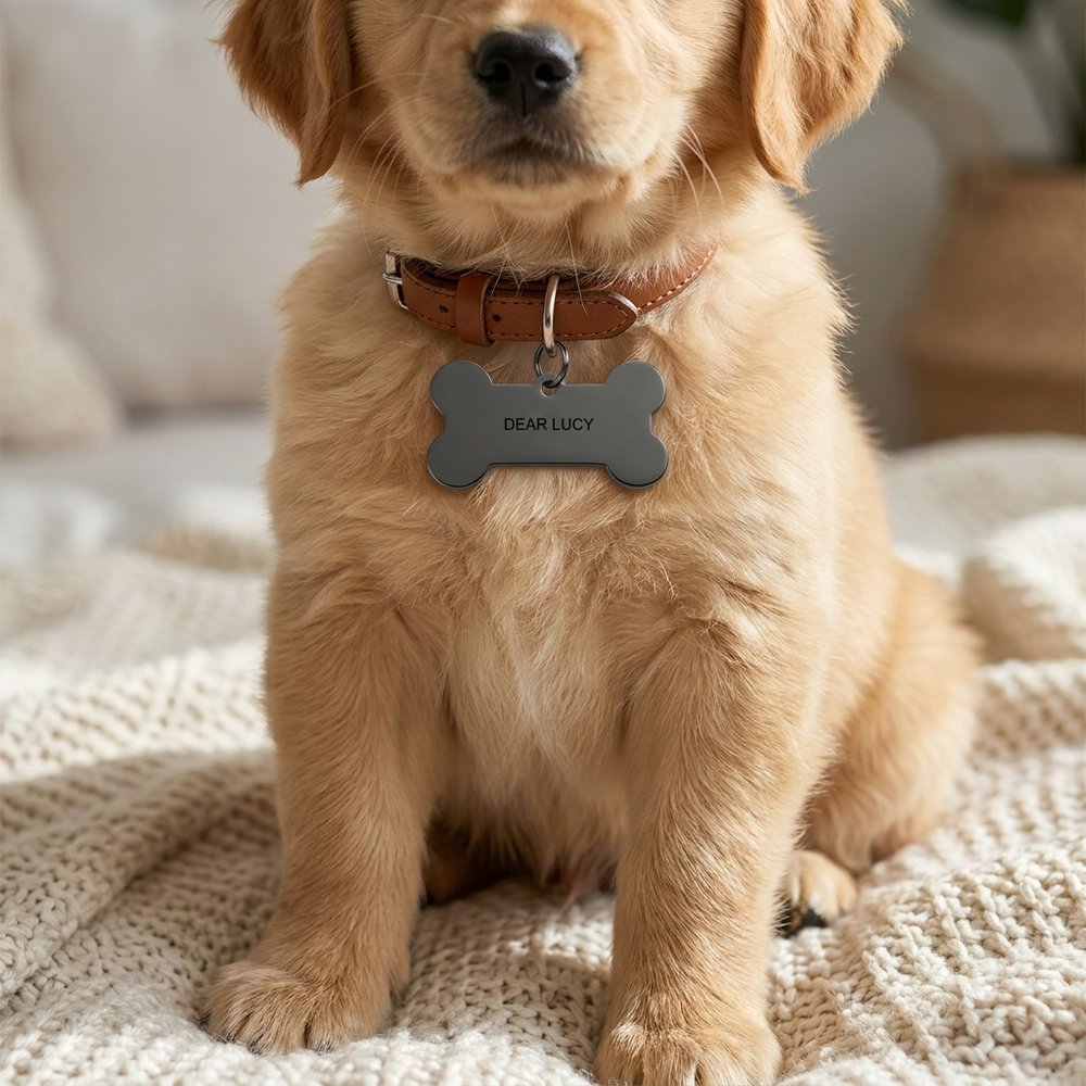 Personalized Bone-Shaped Pet Name Tag, Custom Engraved Dog ID Tag, Rose Gold Pet Collar Tag