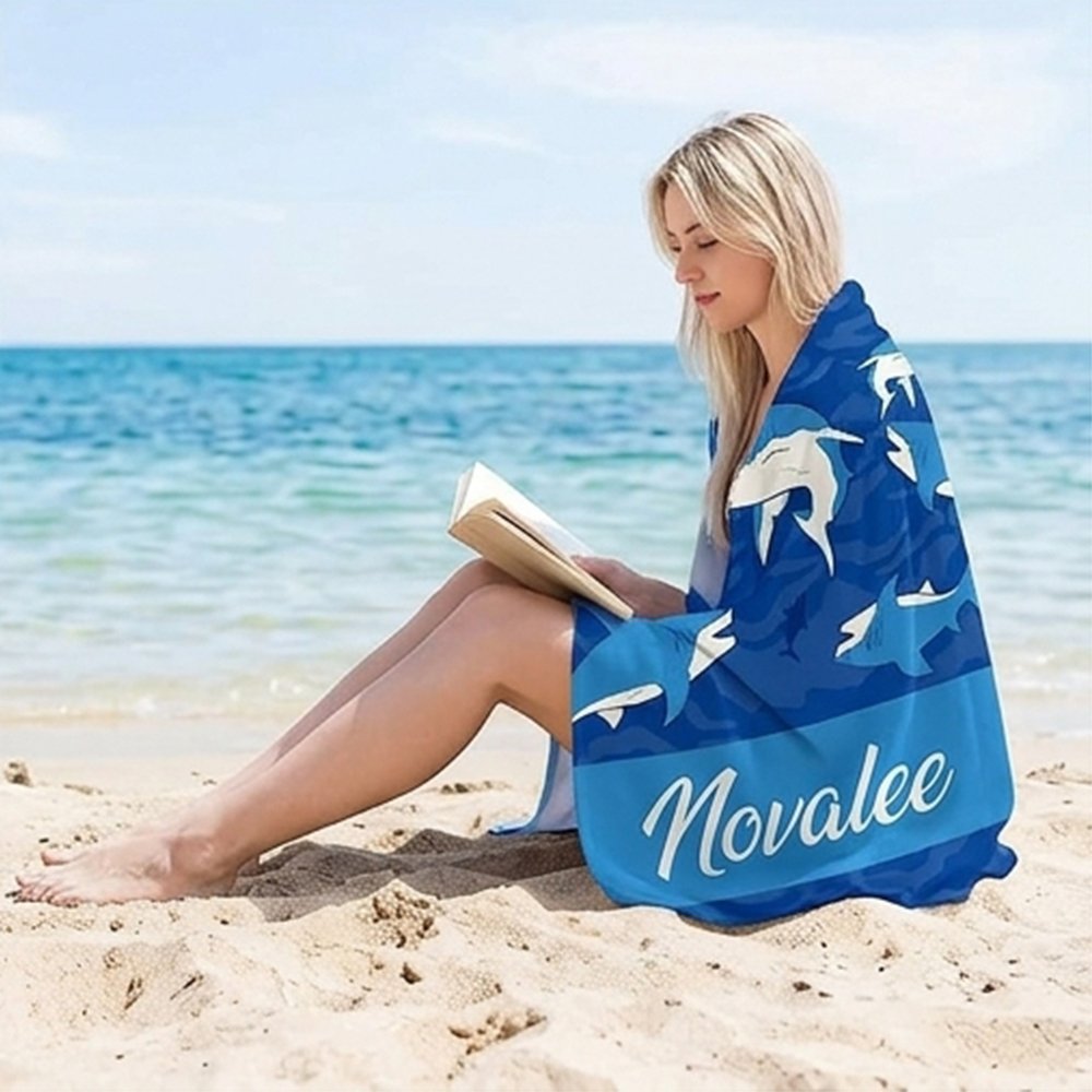 Personalized Shark Beach Towel with Name, Blue Ocean Custom Towel for Kids, Pool, Beach, and Travel
