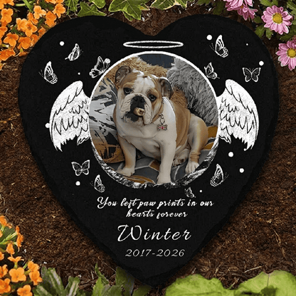 Personalized Memorial Stone for Pets, Custom Heart Grave Marker with Photo and Angel Wings