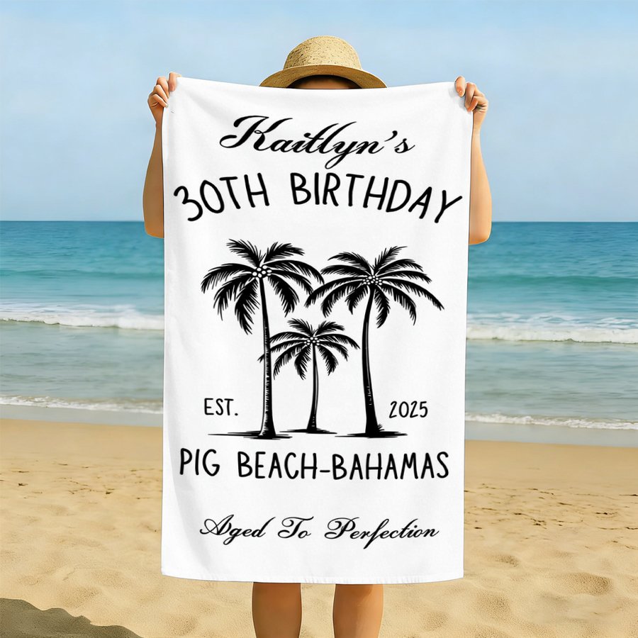 Custom Birthday Beach Towel Personalized Name & Age Beach Vacation Towel - Tropical Palm Tree Custom Year Gift