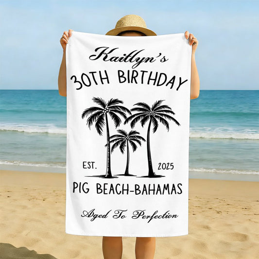 Custom Birthday Beach Towel Personalized Name & Age Beach Vacation Towel - Tropical Palm Tree Custom Year Gift