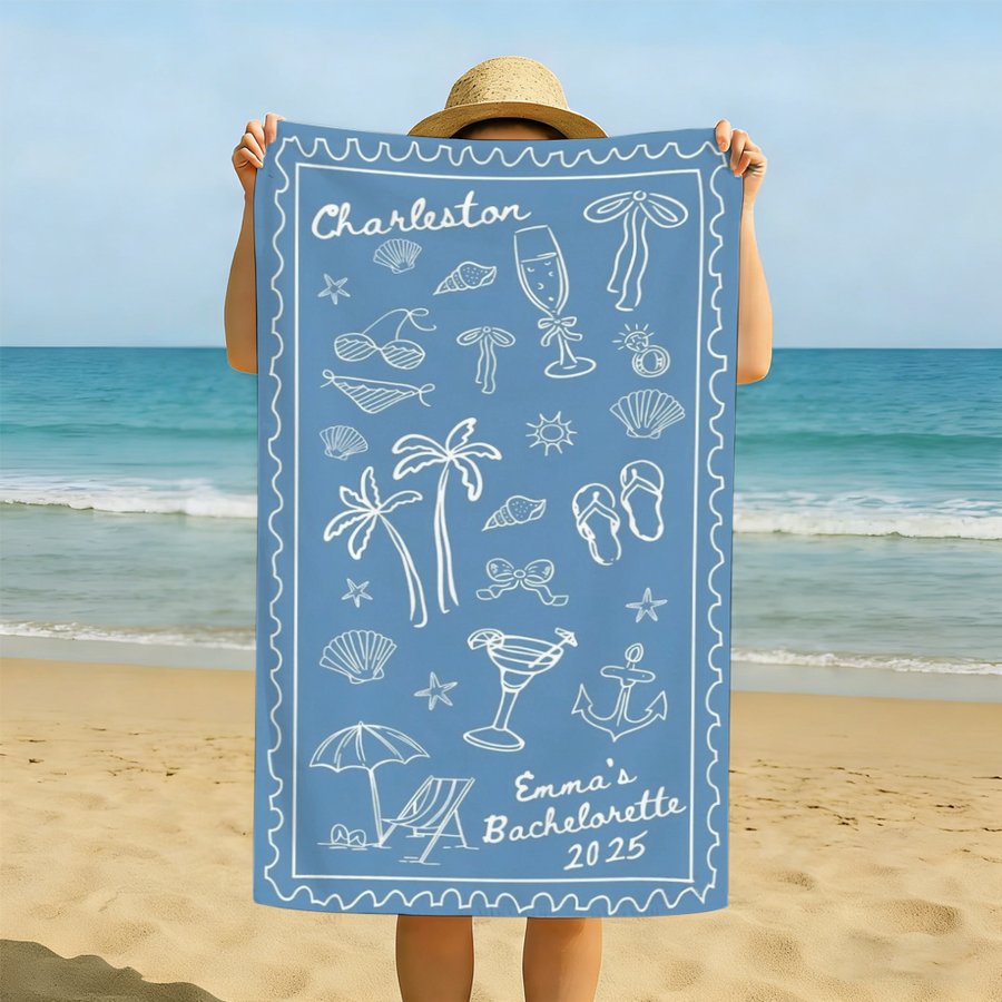 Custom Bachelorette Beach Towel - Personalized Bridal Party Beach Trip Gift For Bridesmaids
