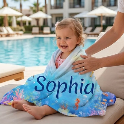 Personalized Seahorse Beach Towel, Custom Name Kids Summer Pool Towel, Ocean Animal Sand-Free Towel