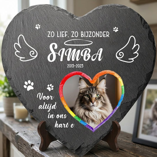 Personalized Heart Pet Memorial Stone with Photo, Custom Cat Grave Marker, Rainbow Heart Design