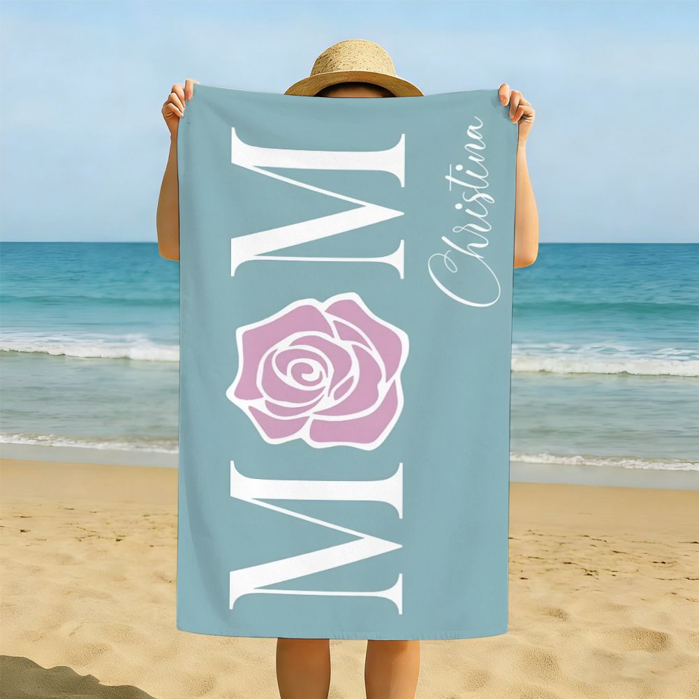 Personalized Floral MOM Beach Towel Custom Name Mother's Day Gift