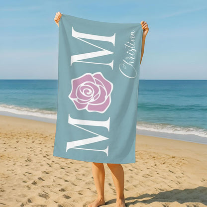 Personalized Floral MOM Beach Towel Custom Name Mother's Day Gift