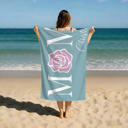 Personalized Floral MOM Beach Towel Custom Name Mother's Day Gift