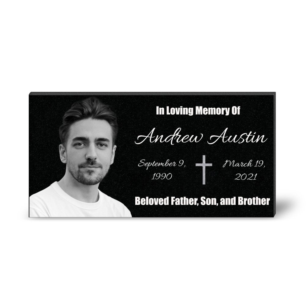 Personalized Memorial Plaque with Photo, Custom Grave Marker with Cross, In Loving Memory Headstone Gift