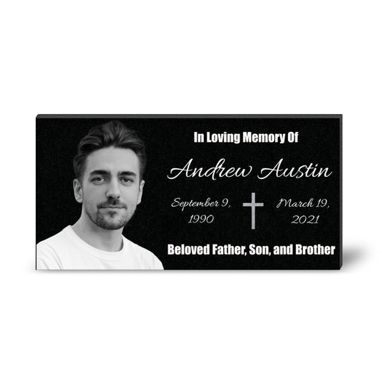Personalized Memorial Plaque with Photo, Custom Grave Marker with Cross, In Loving Memory Headstone Gift