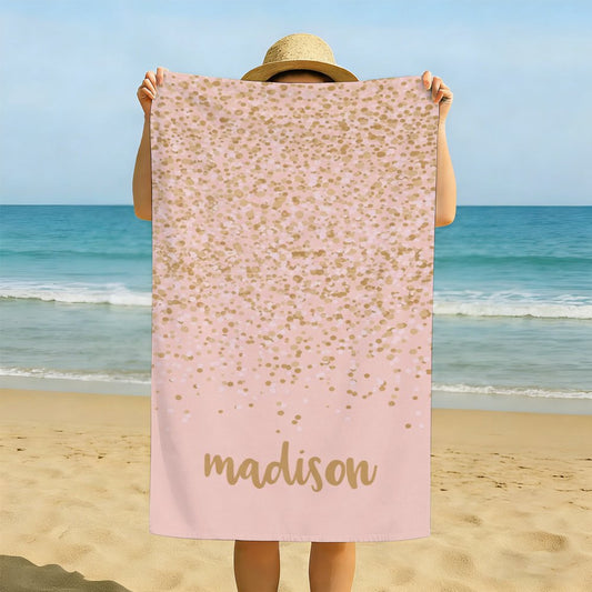 Personalized Pink Beach Towel with Gold Confetti, Custom Name Monogram, Cute Custom Sand-Free Quick Dry Towel for Beach, Pool, Travel