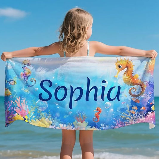 Personalized Seahorse Beach Towel, Custom Name Kids Summer Pool Towel, Ocean Animal Sand-Free Towel