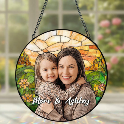 Personalized Photo Mom Suncatcher, Custom Stained Glass Window Hanging with Text