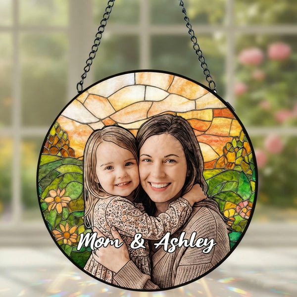 Personalized Photo Mom Suncatcher, Custom Stained Glass Window Hanging with Text