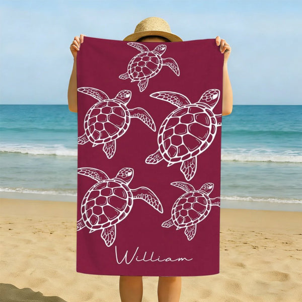 Personalized Sea Turtle Beach Towel, Custom Name Beach Towel, Ocean Turtle Bath Towel, Summer Pool Towel Gift