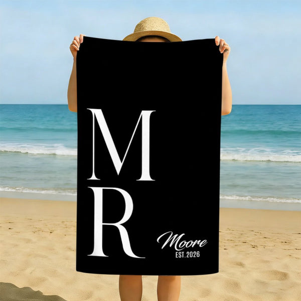 Personalized Monogram Beach Towel with Family Name & Established Year Custom Black Beach Towel