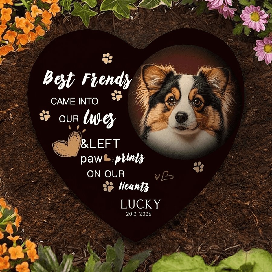 Personalized Dog Memorial Stone, Custom Heart Grave Marker with Photo and Paw Print Design