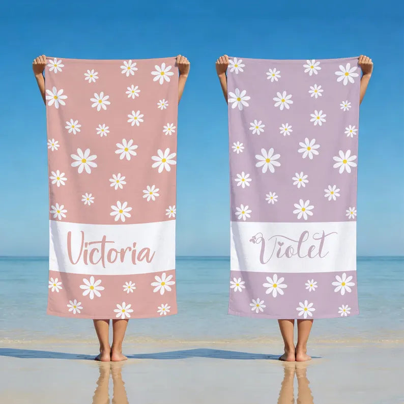 Personalized Daisy Beach Towel, Custom Name Summer Pool Towel, Pastel Floral Sand-Free Bath Towel