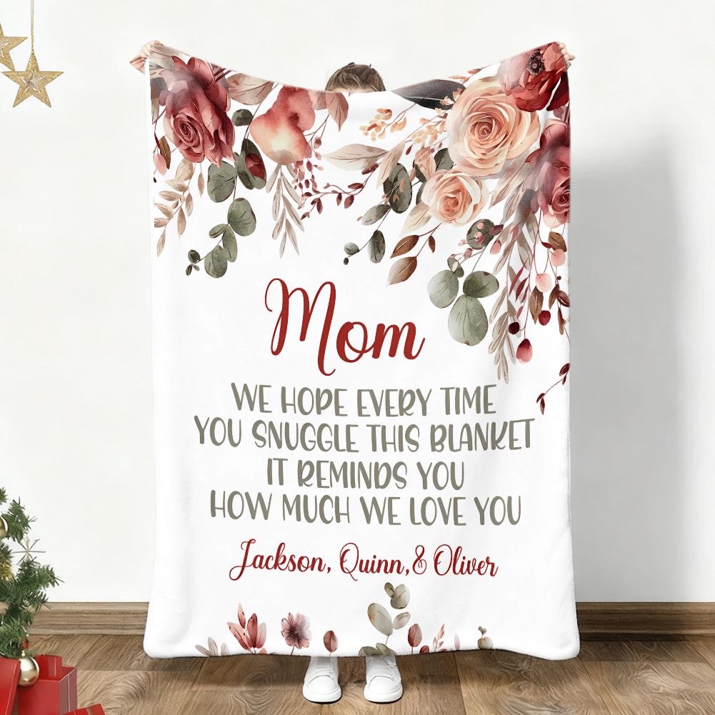 Personalized Mom Blanket with Kids Names Floral Mother's Day Gift