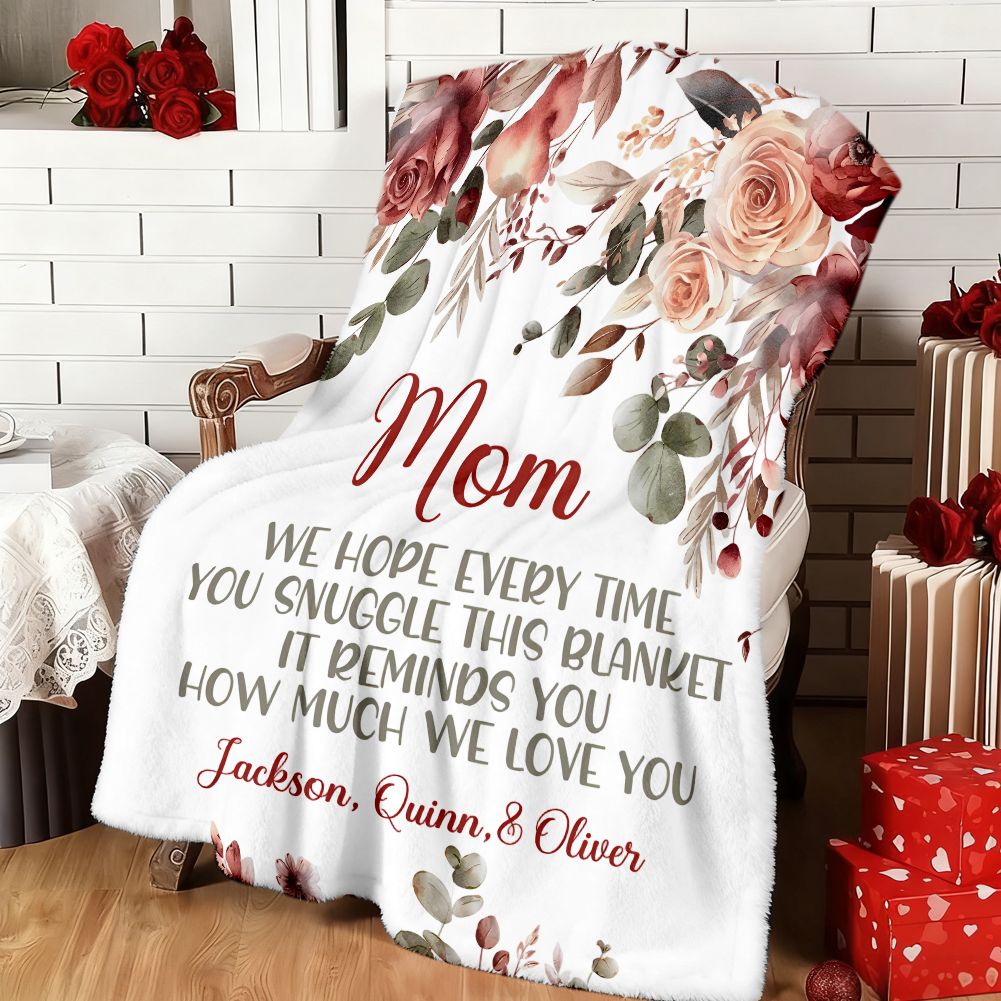 Personalized Mom Blanket with Kids Names Floral Mother's Day Gift