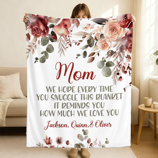 Personalized Mom Blanket with Kids Names Floral Mother's Day Gift