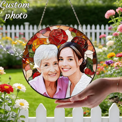 Personalized Photo Mother's Day Suncatcher, Custom Rose Glass Window Hanging